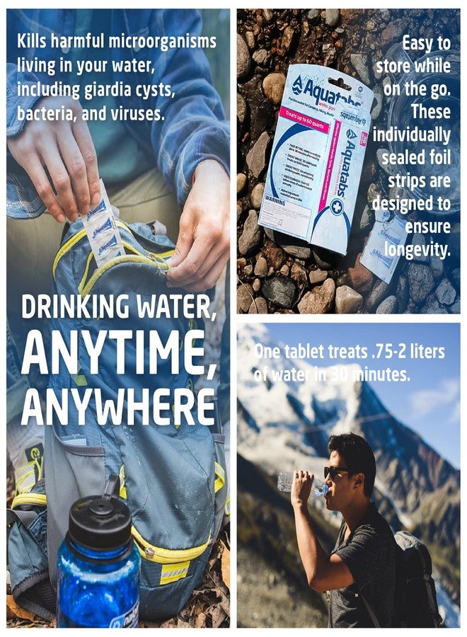 Aquatabs أقراص أكواتابس لتنقية المياه بتركيز 49 ملغ (عبوة من 30 قرصًا). جهاز تنقية مياه محمول لمستلزمات التخييم، ومعدات التخييم خفيفة الوزن، أو مجموعة أدوات النجاة، مسجل لدى وكالة حماية البيئة الأمريكية وحاصل على شهادة NSF/ANSI 60، سريع المفعول - Image 2